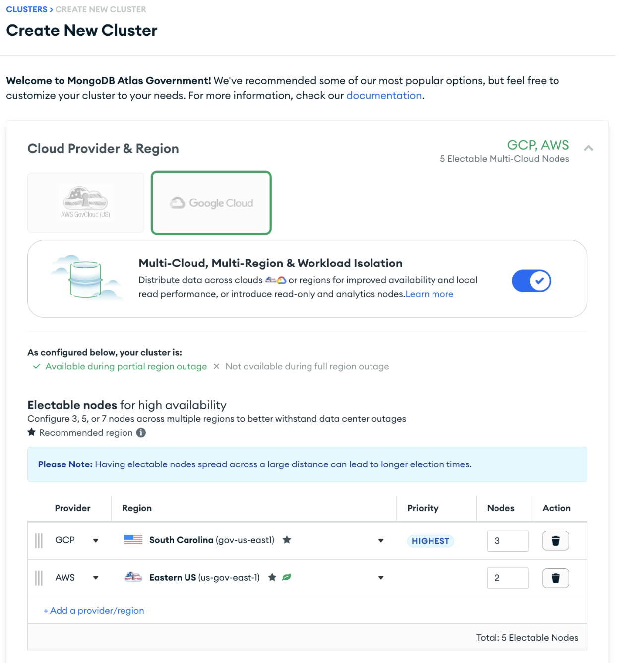 Screenshot of the Atlas UI where you are able to select your multi-cloud cloud regions.